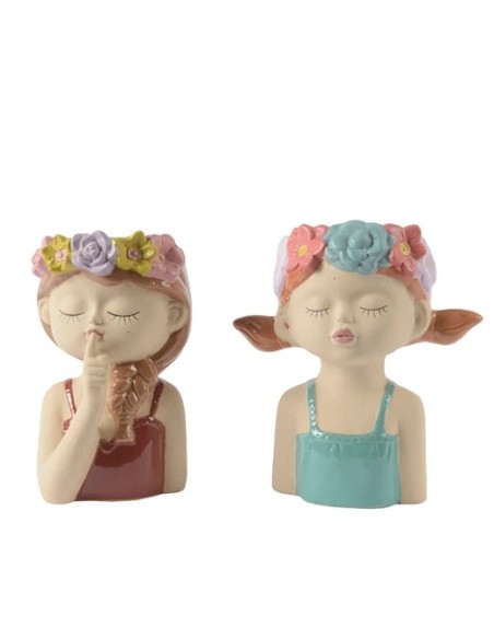 Macetero Gres Mate Niña con Flores 10.9x16.7x18.7 cm  Decoración Única para Plantas