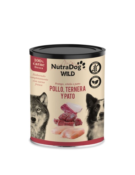NutraDog WILD Pollo, Ternera y Pato  Alimento Húmedo 100% Natural para Perros, Sin Aditivos ni Cereales