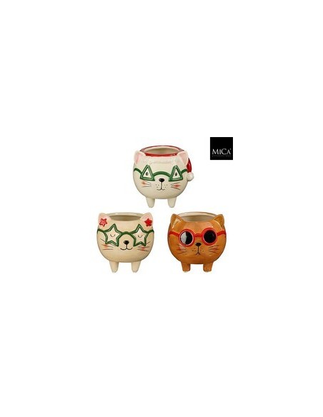 Maceta Gato Blanco Beige Marrón 11.5x11.5 cm Decorativa para Plantas Pequeñas