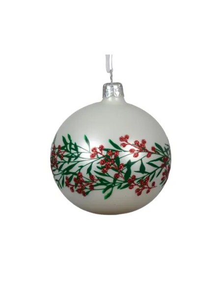 Bola de Navidad de Cristal Mate con Ramas de Bayas | Adorno Blanco

