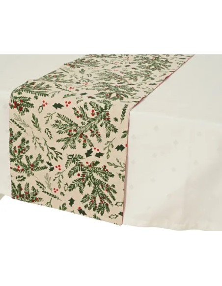 Camino de mesa de algodón blanco y verde 150x30 cm | Decoración natural y elegante