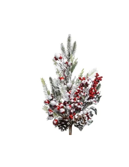Pick nevado con bayas rojas y hojas verdes 7x14x30 cm adorno navideño natural