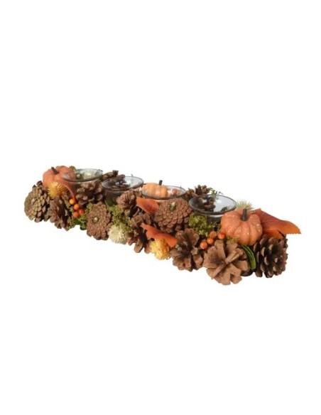 Portavelas con Piñas y Calabazas Naranja Decoración Otoñal 15x45x9 cm