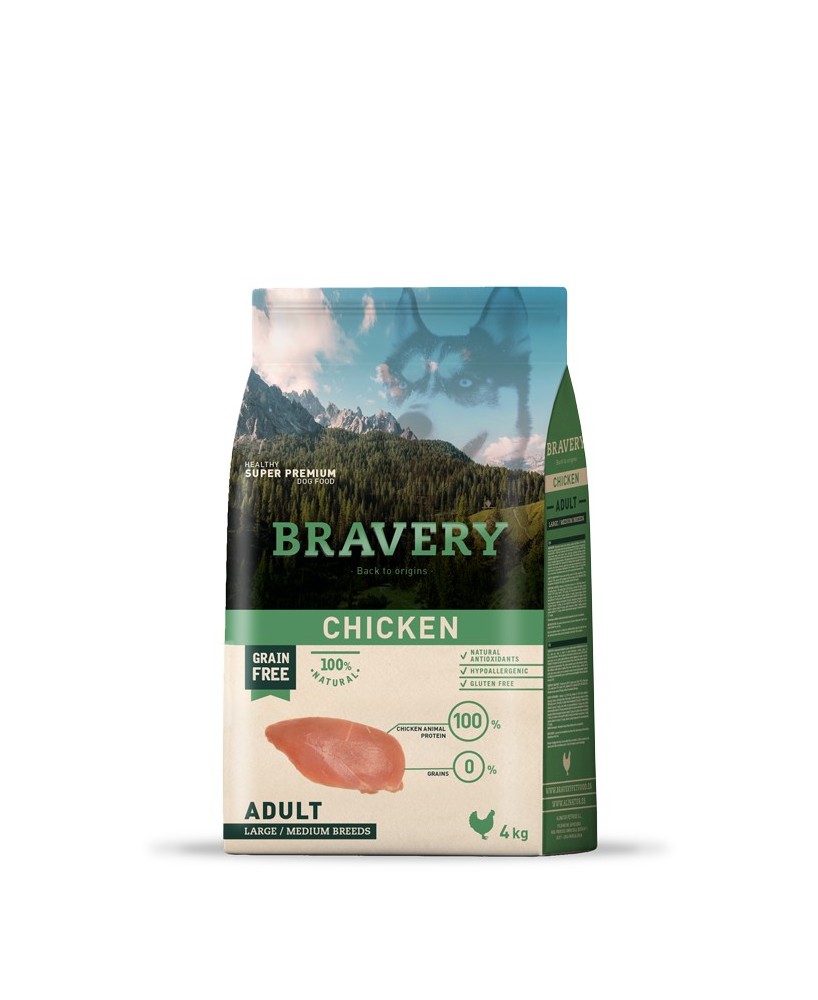 Bravery Adult Mediano-Grande Pollo 4kg Alimento Completo para Perros Adultos