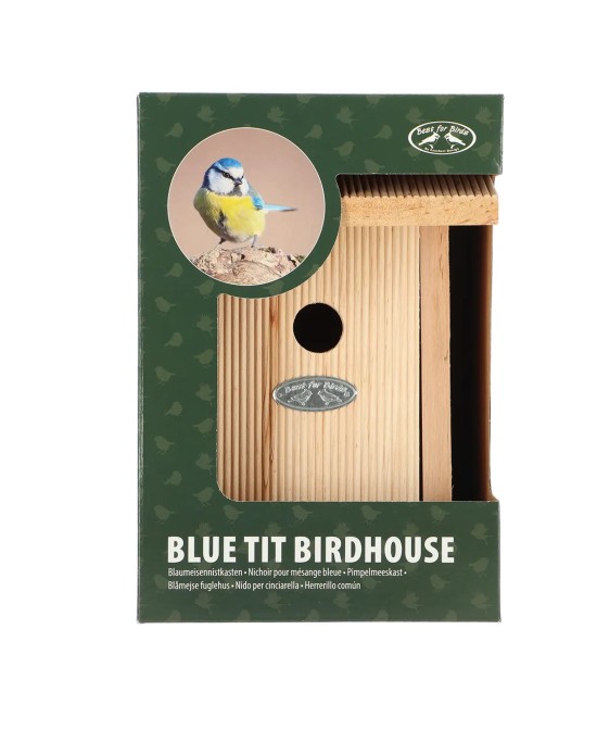 Casa refugio azul para aves de invierno | Protección y decoración exterior