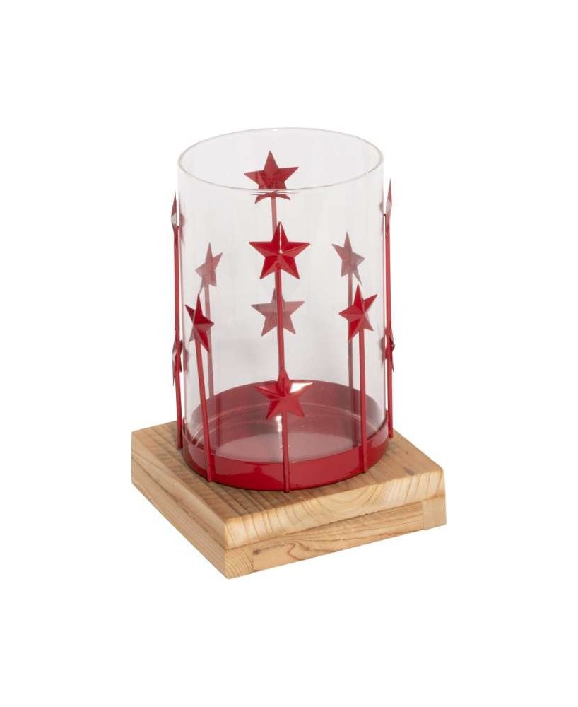 PORTAVELAS METALICO ROJO DECO. ESTRELLAS D12X18CM