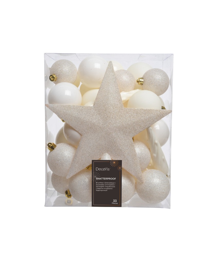 SET BOLAS NAVIDAD BLANCAS  +ESTRELLA 8CM