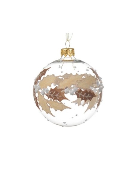BOLA NAVIDAD CRISTAL TRANSPARENTE CON BORDE ACEBO 8CM