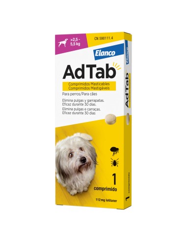 Adtab 112 mg comprimidos masticables para perros de 2.5 a 5 kg antiparasitario interno